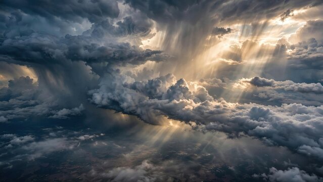 Dramatic Storm Clouds with Sunbeams Breaking Through.