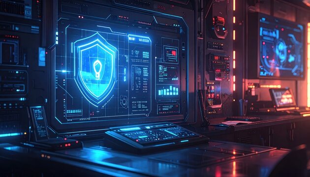 Futuristic cybersecurity command center with glowing shield icon.