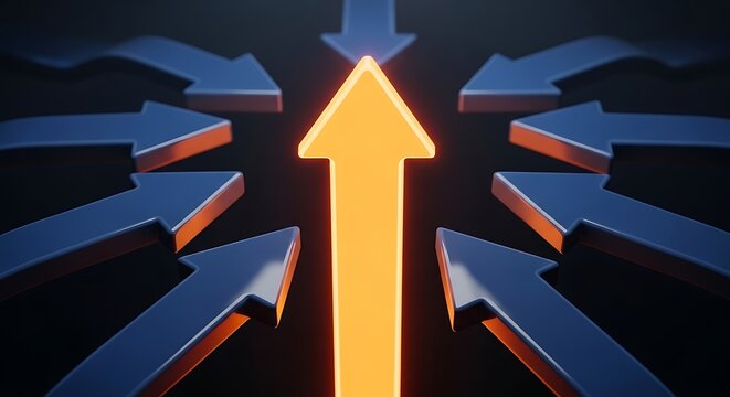 Central glowing orange arrow surrounded by dark blue converging arrows