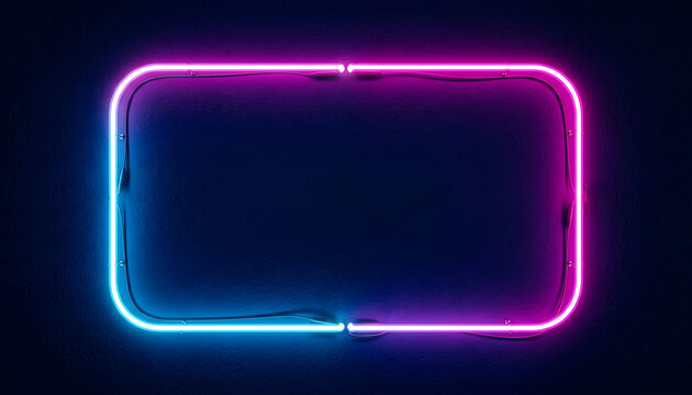Glowing neon rectangle frame with purple and blue lights on dark background.