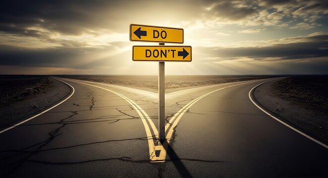 Decision road sign pointing do and dont directions under clouds