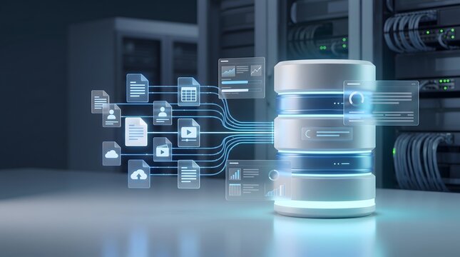 Enterprise server room displaying a holographic data management system organizing diverse digital file types into a central database