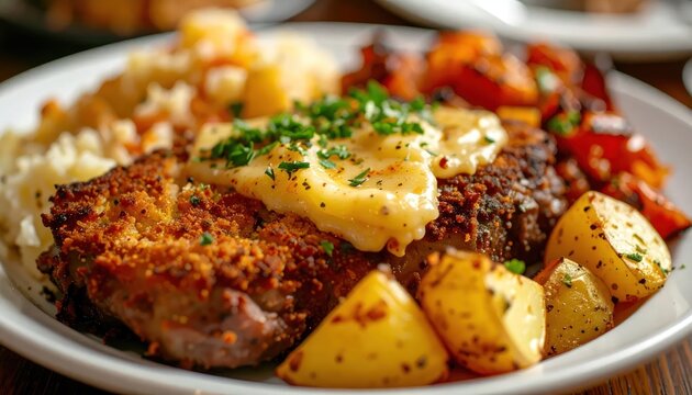 Fried breaded cutlet with mashed potatoes and vegetables.