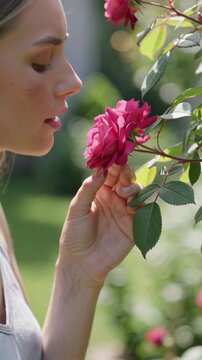 Woman smelling pink roses in garden, vertical shot