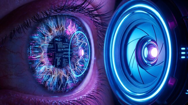 Close up of a human eye with digital data code in the iris looking at a tech camera lens with a glowing blue circular aperture light