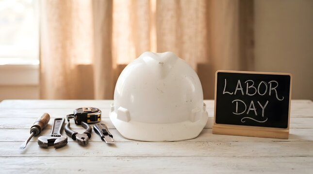 White hard hat and assorted construction tools on a wooden table for labour day celebration