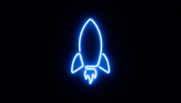 Blue neon rocket ship glowing on dark background simple graphic design.