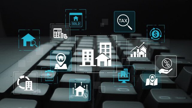 Digital Real Estate Concepts with Icons Representing Investment, Finance, and Market Trends Overlaid on a Keyboard Background. Entropy.
