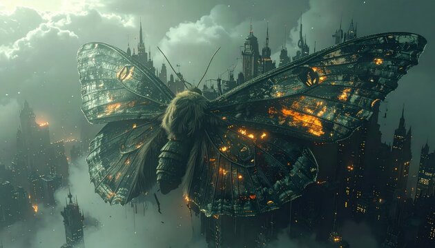 Giant steampunk moth flying over dark futuristic city.