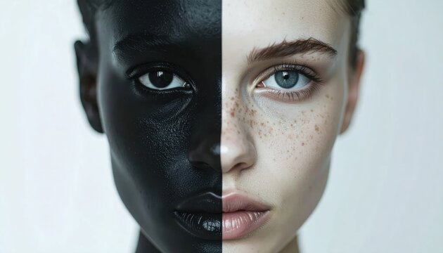 Split Face Portrait Contrasting Skin Tones and Features.