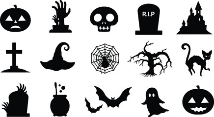 Fototapeta premium Halloween Silhouette Icons Set - Spooky Vector Illustrations of Haunted House, Scary Pumpkins, Bats, Ghost, Skull, Witch Hat, and Cemetery Elements for Creepy Holiday Graphic Design