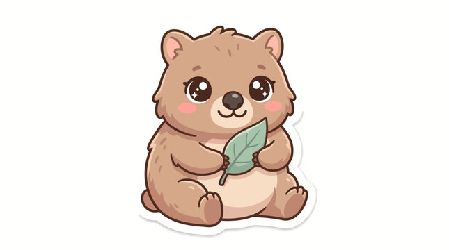 Cute cartoon wombat holding a green leaf
