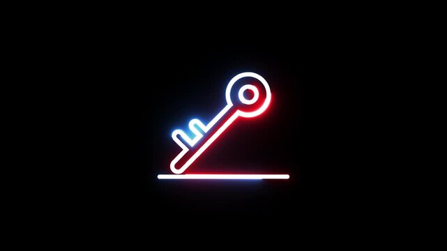 Neon key icon glows with red and blue light against black background in dynamic loop clip.