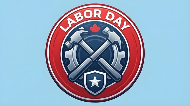 Circular emblem design for labour day featuring crossed hammers and a shield representing industrial workers and national pride