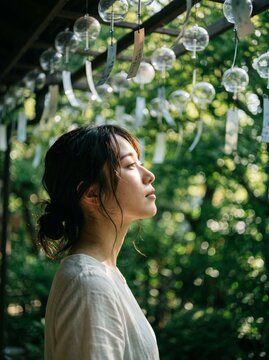 Woman's Profile Beneath Glass Wind Chimes