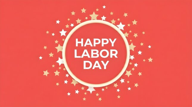 Festive happy labour day greeting card design with a golden circular frame and decorative stars on red background
