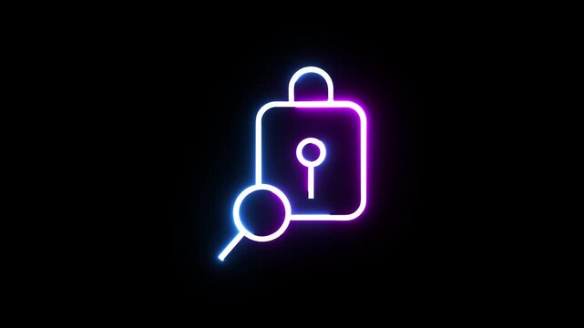 Neon padlock with magnifying glass icon animation isolated on black background for security.
