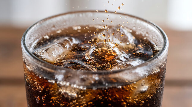 Fizzy Chilled Cola Soft Drink with Ice Cubes and Sparkling Droplets Splashing in Glass Cup Close-Up