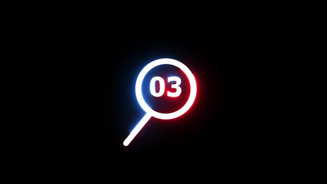 Neon magnifying glass icon with number three glowing in blue and red on black background.