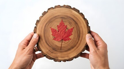 Naklejka premium Hands holding a rustic wooden slice with a red canadian maple leaf symbol for labour day celebration
