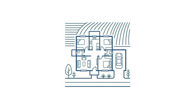 Modern house floor plan with garden and garage.