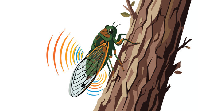 Green cicada insect on a brown tree trunk with colorful sound wave ripples representing nature summer song animal