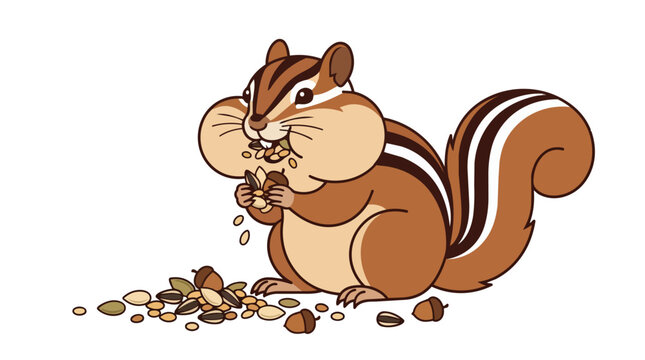 Adorable Cartoon Chipmunk with Stuffed Cheeks Eating Nuts and Seeds Isolated on a Clean White Background Graphic