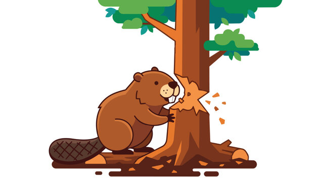 Cute Brown Beaver Gnawing on a Green Tree Trunk in the Forest Flat Illustration for Wildlife and Nature Design