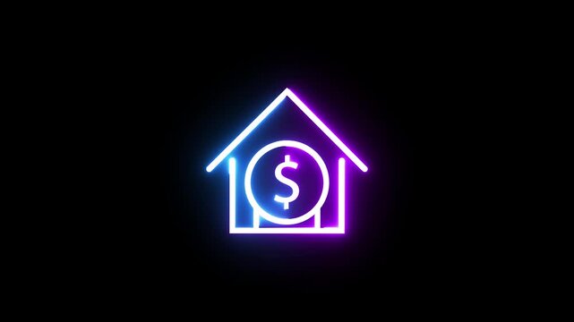 Glowing neon house with dollar sign symbol animation isolated on black background video.