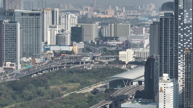 day time bangkok city traffic street road overpass aerial panorama 4k thailand 