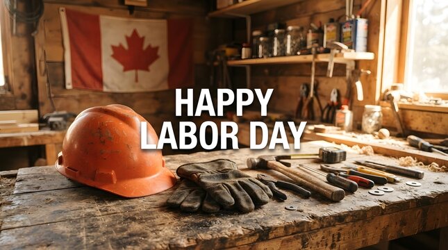 Happy labour day greeting with a hard hat and tools in a canadian workshop setting