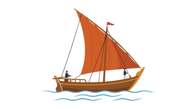 Traditional Wooden Sailboat with Orange Sail Floating on Blue Sea Waves Isolated on White Background for Marine Design