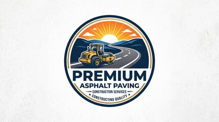 Obraz premium Professional Premium Asphalt Paving Service Badge Emblem Design Featuring Road Construction Machinery and Sunset Landscape Illustration