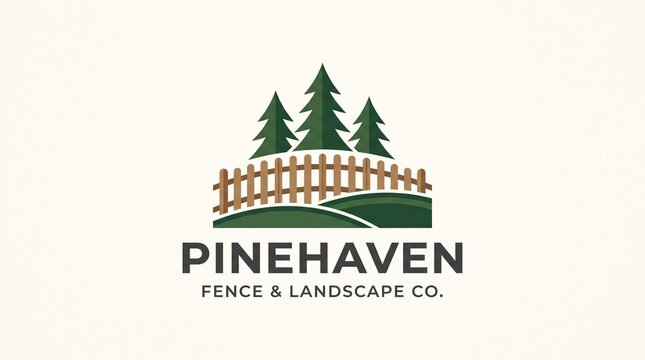 Professional Pinehaven Fence and Landscape Company Logo Featuring Minimalist Pine Tree Forest and Wooden Picket Fence Design Elements for Landscaping Contractors
