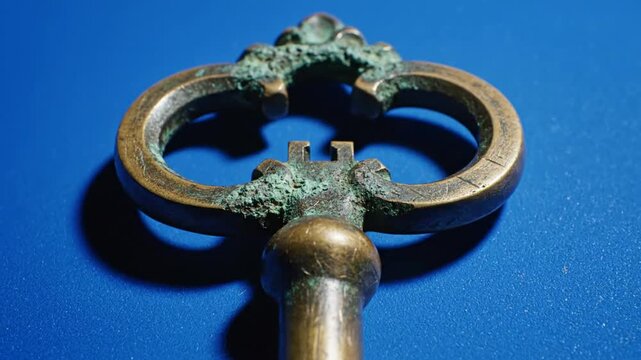Antique ornate brass skeleton key isolated closeup against a bright blue backdrop with shadow detail