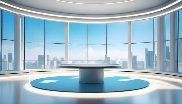 Bright morning news TV studio with white and sky blue clean set design