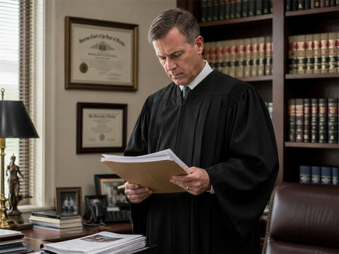 Judicial review conducted by a judge reading legal documents in a law office with bookshelves and framed certificates representing court procedure legal analysis and careful examination of a case