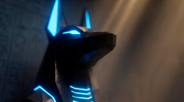 Close up of a futuristic low poly black Anubis statue with glowing blue lights