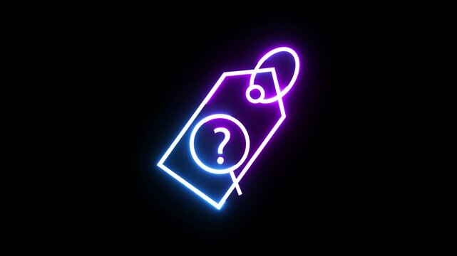 Neon glowing price tag with question mark animation showing mystery sale discount concept.