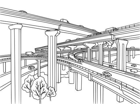 Complex highway interchange overpass system line art coloring page illustration
