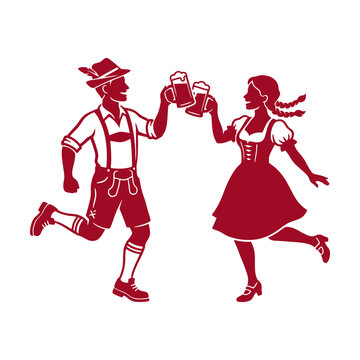 Happy man and woman in traditional german clothing cheering with beer mugs for oktoberfest Vector