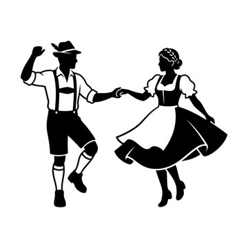 Black silhouette of a man and woman in traditional german clothes dancing during oktoberfest Vector