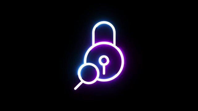 Neon illuminated padlock icon with magnifying glass symbol for security analysis footage.