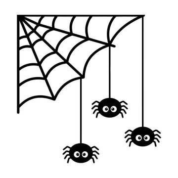 Two cute little spiders hanging from a spider web in a corner for a fun halloween decoration Vector