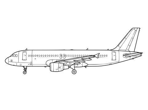 Passenger jet airplane side view outline illustration for coloring book