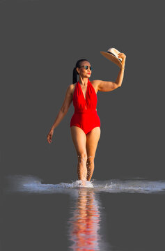 Woman tall with red swimsuit beautiful isolate