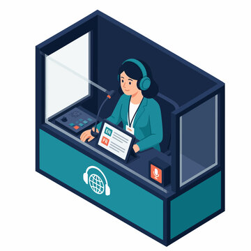 Isometric vector illustration of a female interpreter in a soundproof booth wearing headphones, using a microphone and tablet for simultaneous English and French translation services.