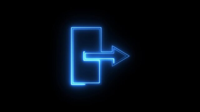 Neon blue light exit sign icon with glowing arrow animation isolated on black background.