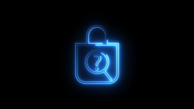 Blue glowing padlock icon with magnifying glass and question mark symbol animation loop.