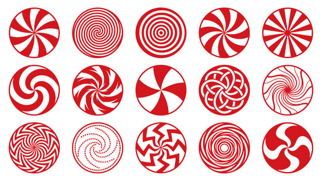 Set of round red and white swirl candy peppermint patterns and circular lollipop designs Vector
